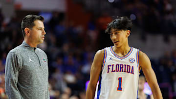 Nov 6, 2025; Gainesville, Florida, USA; Florida Gators head coach Todd Golden and Florida Gators guard Xaivian Lee (1) talk against the North Florida Ospreys during the second half at Exactech Arena at the Stephen C. O'Connell Center. Mandatory Credit: Matt Pendleton-Imagn Images