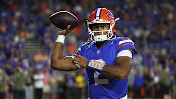 Nov 22, 2025; Gainesville, Florida, USA; Florida Gators quarterback DJ Lagway (2) works out prior to the game against the Tennessee Volunteers at Ben Hill Griffin Stadium. Mandatory Credit: Kim Klement Neitzel-Imagn Images