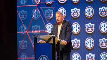 Jul 18, 2024; Dallas, TX, USA; Auburn head coach Hugh Freeze speaking at Omni Dallas Hotel. Mandatory Credit: Brett Patzke-USA TODAY Sports