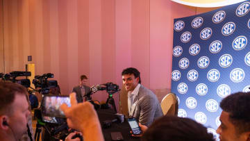 Jul 18, 2024; Dallas, TX, USA; Auburn quarterback Payton Thorne speaking to the media at Omni Dallas Hotel. Mandatory Credit: Brett Patzke-USA TODAY Sports