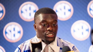 Jul 18, 2024; Dallas, TX, USA; Auburn linebacker Eugene Asante speaking to the media at Omni Dallas Hotel. Mandatory Credit: Brett Patzke-USA TODAY Sports