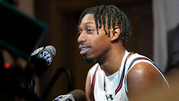 Auburn player Denver Jones speaks to the media during SEC Media Day at the Grand Bohemian Hotel in Mountain Brook Tuesday, Oct. 15, 2024.