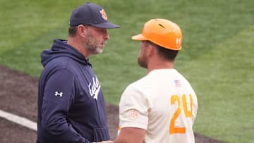 Auburn baseball coach Butch Thompson shakes hands with Tennessee associate head coach Josh Elander after the win over Tennessee in game three of the an NCAA baseball series on May 4, 2025, in Knoxville, Tenn.