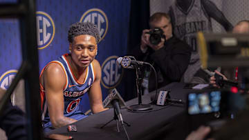 Oct 15, 2025; Birmingham, AL, USA; Auburn Tigers guard Tahaad Pettiford talks with the media during SEC Media Days at Grand Bohemian Hotel. Mandatory Credit: Vasha Hunt-Imagn Images