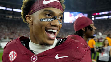 Oct 18, 2025; Tuscaloosa, Alabama, USA; Alabama Crimson Tide wide receiver Germie Bernard (5) celebrates after the game against the Tennessee Volunteers at Saban Field at Bryant-Denny Stadium. Mandatory Credit: Gary Cosby-USA TODAY Network via Imagn Images