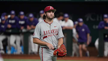 Feb 22, 2025; Arlington, TX, USA; The Arkansas Razorbacks play the TCU Horned Frogs during the Amegy Bank College Baseball Series presented by Kubota Weekend 2 at Globe Life Field. Mandatory Credit: Raymond Carlin III-Imagn Images