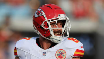 Kansas City Chiefs tight end Travis Kelce (87) smiles before a preseason NFL football game Saturday, Aug. 10, 2024 at EverBank Stadium in Jacksonville, Fla. [Corey Perrine/Florida Times-Union]