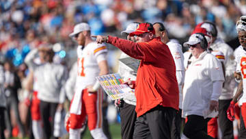 Nov 24, 2024; Charlotte, North Carolina, USA;  Kansas City Chiefs head coach Andy Reid yells out to his offense during the second quarter against the Carolina Panthers at Bank of America Stadium. Mandatory Credit: Jim Dedmon-Imagn Images