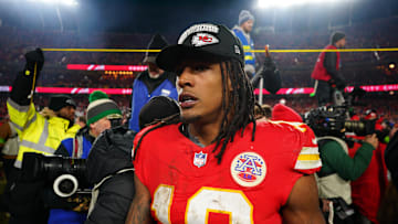 Jan 26, 2025; Kansas City, MO, USA; Kansas City Chiefs running back Isiah Pacheco (10) reacts after the AFC Championship game against the Buffalo Bills at GEHA Field at Arrowhead Stadium. Mandatory Credit: Denny Medley-Imagn Images