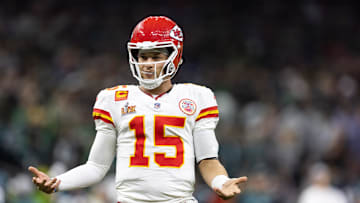 Feb 9, 2025; New Orleans, LA, USA;  Kansas City Chiefs quarterback Patrick Mahomes (15) reacts against the Philadelphia Eagles in Super Bowl LIX at Ceasars Superdome. Mandatory Credit: Mark J. Rebilas-Imagn Images