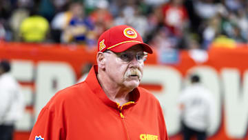 Feb 9, 2025; New Orleans, LA, USA;  Kansas City Chiefs head coach Andy Reid against the Philadelphia Eagles in Super Bowl LIX at Ceasars Superdome. Mandatory Credit: Mark J. Rebilas-Imagn Images