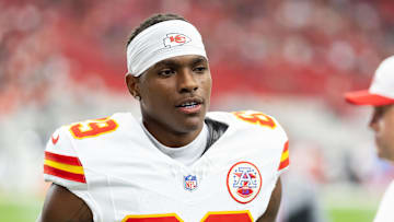 Aug 9, 2025; Glendale, Arizona, USA; Kansas City Chiefs wide receiver Jason Brownlee (89) against the Arizona Cardinals during a preseason NFL game at State Farm Stadium. Mandatory Credit: Mark J. Rebilas-Imagn Images