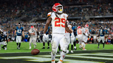 Kansas City Chiefs running back Kareem Hunt (29) scores a touchdown during the fourth quarter of an NFL football matchup at EverBank Stadium, Monday, Oct. 6, 2025, in Jacksonville, Fla. The Jacksonville Jaguars edged the Kansas City Chiefs 31-28. [Corey Perrine/Florida Times-Union]
