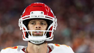 Aug 9, 2025; Glendale, Arizona, USA; Kansas City Chiefs kicker Harrison Butker (7) against the Arizona Cardinals during a preseason NFL game at State Farm Stadium. Mandatory Credit: Mark J. Rebilas-Imagn Images