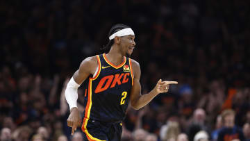 May 15, 2024; Oklahoma City, Oklahoma, USA; Oklahoma City Thunder guard Shai Gilgeous-Alexander (2) gestures after scoring against the Dallas Mavericks during the second half of game five of the second round for the 2024 NBA playoffs at Paycom Center. Mandatory Credit: Alonzo Adams-USA TODAY Sports
