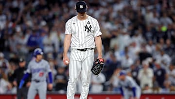 Oct 30, 2024; New York, New York, USA; New York Yankees pitcher Gerrit Cole (45) stand on the pitcher mound during the fifth inning against the Los Angeles Dodgers in game four of the 2024 MLB World Series at Yankee Stadium. Mandatory Credit: Brad Penner-Imagn Images