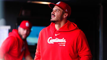 Sep 26, 2024; Denver, Colorado, USA; St. Louis Cardinals third base Nolan Arenado (28) in the dugout in the eighth inning against the Colorado Rockies at Coors Field. Mandatory Credit: Ron Chenoy-Imagn Images