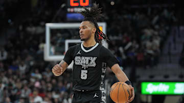 Jan 29, 2025; San Antonio, Texas, USA;  San Antonio Spurs guard Stephon Castle (5) dribbles in the second half against the LA Clippers at Frost Bank Center. Mandatory Credit: Daniel Dunn-Imagn Images