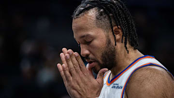 Feb 11, 2025; Indianapolis, Indiana, USA; New York Knicks guard Jalen Brunson (11) before the game against the Indiana Pacers at Gainbridge Fieldhouse. Mandatory Credit: Trevor Ruszkowski-Imagn Images