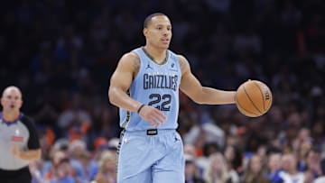 Mar 27, 2025; Oklahoma City, Oklahoma, USA; Memphis Grizzlies guard Desmond Bane (22) dribbles down the court against the Oklahoma City Thunder during the second half at Paycom Center. Mandatory Credit: Alonzo Adams-Imagn Images