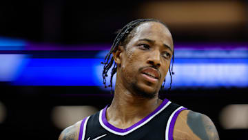 Apr 16, 2025; Sacramento, California, USA; Sacramento Kings forward DeMar DeRozan (10) looks on during the fourth quarter against the Dallas Mavericks at Golden 1 Center. Mandatory Credit: Sergio Estrada-Imagn Images