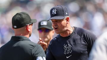 New York Yankees manager Aaron Boone (17) argues with umpire Scott Berry  (87) against the Tampa Bay Rays. Mandatory Credit: Nathan Ray Seebeck-Imagn Images