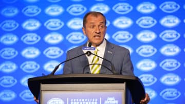 Jul 22, 2024; Charlotte, NC, USA; ACC commissioner Jim Phillips speaks to the media during ACC Kickoff at Hilton Charlotte Uptown. Mandatory Credit: Jim Dedmon-USA TODAY Sports