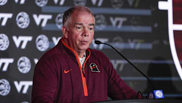 Oct 10, 2024; Charlotte, NC, USA;  Virginia player Tech head coach Mike Young at The Hilton Charlotte Uptown. Mandatory Credit: Jim Dedmon-Imagn Images