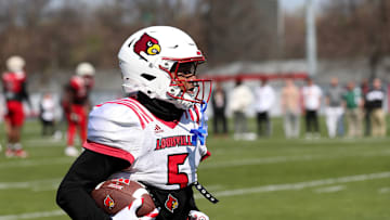 Louisville’s Caullin Lacy, #5, caught the ball during spring practice Friday afternoon.
Mar. 29, 2024