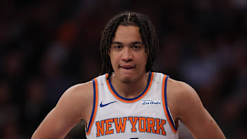 Nov 18, 2024; New York, New York, USA; New York Knicks guard Pacome Dadiet (4) during the third quarter against the Washington Wizards at Madison Square Garden. Mandatory Credit: Brad Penner-Imagn Images
