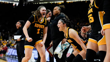 Iowa Hawkeyes guard Taylor Stremlow (1) and Iowa Hawkeyes guard Taylor McCabe (2) react during a Big Ten women’s basketball game between the Iowa Hawkeyes and USC Trojans Sunday, Feb. 2, 2025 at Carver-Hawkeye Arena in Iowa City, Iowa.