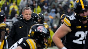 Iowa assistant head coach Seth Wallace watches warm ups Nov. 8, 2025 before a Big Ten Football game against the Oregon Ducks at Kinnick Stadium in Iowa City, Iowa.