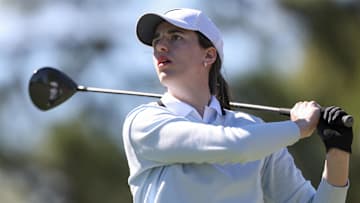 Nov 12, 2025; Belleair, Florida, USA; Indiana Fever guard Caitlin Clark (22) plays in the Annika Pro-Am golf tournament at Pelican Golf Club. Mandatory Credit: Nathan Ray Seebeck-Imagn Images