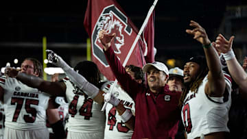 South Carolina Gamecocks head coach Shane Beamer sings the fight song with his team towards the fans after their win against Vanderbilt Commodores at FirstBank Stadium in Nashville, Tenn., Saturday, Nov. 9, 2024.