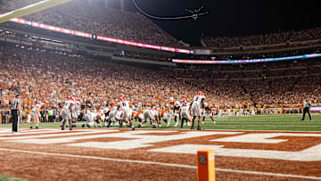 Oct 19, 2024; Austin, Texas, USA; Texas Longhorns quarterback Quinn Ewers (3) at the goal line in the third quarter against the Georgia Bulldogs at Darrell K Royal-Texas Memorial Stadium.