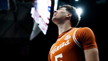 Texas Longhorns forward Kadin Shedrick (5) reacts during their second-round game of the SEC Men's Basketball Tournament at Bridgestone Arena in Nashville, Tenn., Thursday, March 13, 2025.