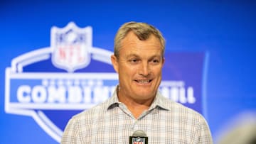Feb 27, 2024; Indianapolis, IN, USA; San Francisco 49ers  general manager John Lynch talks to the media at the 2024 NFL Combine at Indiana Convention Center. Mandatory Credit: Trevor Ruszkowski-Imagn Images