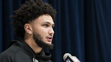 Feb 28, 2025; Indianapolis, IN, USA; Mississippi wideout Jordan Watkins (WO43) talks to the press during the 2025 NFL Combine at Indiana Convention Center. Mandatory Credit: Stephanie Amador Blondet-Imagn Images