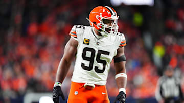 Dec 2, 2024; Denver, Colorado, USA; Cleveland Browns defensive end Myles Garrett (95) during the third quarter against the Denver Broncos at Empower Field at Mile High. Mandatory Credit: Ron Chenoy-Imagn Images