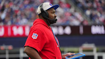 Oct 13, 2024; Foxborough, Massachusetts, USA; New England Patriots head coach Jerod Mayo looks on from the sidelines during the first half against the Houston Texans at Gillette Stadium. Mandatory Credit: Gregory Fisher-Imagn Images