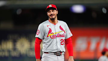Sep 25, 2024; Denver, Colorado, USA; St. Louis Cardinals third base Nolan Arenado (28) reacts in the third inning against the Colorado Rockies at Coors Field. Mandatory Credit: Ron Chenoy-Imagn Images