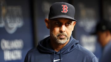 Sep 17, 2024; St. Petersburg, Florida, USA; Boston Red Sox manager Alex Cora (13) looks on against the Tampa Bay Rays during the fifth inning at Tropicana Field. Mandatory Credit: Kim Klement Neitzel-Imagn Images