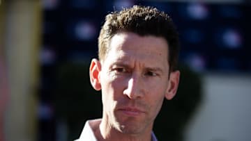 Nov 7, 2023; Scottsdale, AZ, USA; Boston Red Six chief baseball officer Craig Breslow speaks to the media during the MLB General Manager's Meetings at Omni Scottsdale Resort & Spa. Mandatory Credit: Mark J. Rebilas-Imagn Images