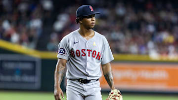 Sep 7, 2025; Phoenix, Arizona, USA; Boston Red Sox pitcher Brayan Bello against the Arizona Diamondbacks at Chase Field. Mandatory Credit: Mark J. Rebilas-Imagn Images