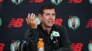 Sep 29, 2025; Boston, MA, USA; Boston Celtics president of basketball operations Brad Stevens talks to reporters during media day at the Auerbach Center. Mandatory Credit: David Butler II-Imagn Images