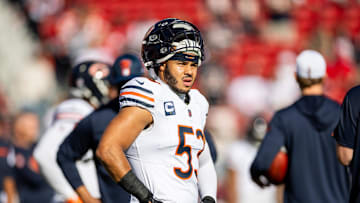 Dec 8, 2024; Santa Clara, California, USA; Chicago Bears linebacker T.J. Edwards (53) warms up before the game against the San Francisco 49ers at Levi's Stadium. Mandatory Credit: Bob Kupbens-Imagn Images