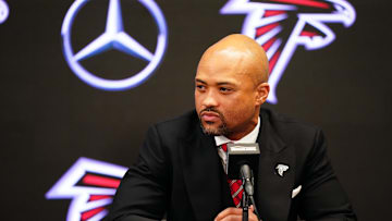 Feb 5, 2024; Atlanta, GA, USA; Atlanta Falcons general manager Terry Fontenot  addresses the media as Raheem Morris is introduced as the new head coach of the Atlanta Falcons at Mercedes-Benz Stadium. Mandatory Credit: John David Mercer-Imagn Images