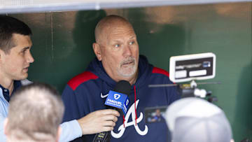 May 9, 2025; Pittsburgh, Pennsylvania, USA; Atlanta Braves manager Brian Snitker (43) talks with the media before the game against the Pittsburgh Pirates at PNC Park. Mandatory Credit: Scott Galvin-Imagn Images