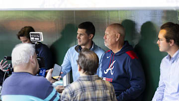 May 9, 2025; Pittsburgh, Pennsylvania, USA; Atlanta Braves manager Brian Snitker (43) talks with the media before the game against the Pittsburgh Pirates at PNC Park. Mandatory Credit: Scott Galvin-Imagn Images