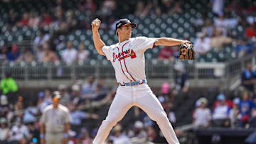 Jun 15, 2025; Cumberland, Georgia, USA; Atlanta Braves shortstop Luke Williams (37) pitches against the Colorado Rockies during the ninth inning at Truist Park. Mandatory Credit: Dale Zanine-Imagn Images